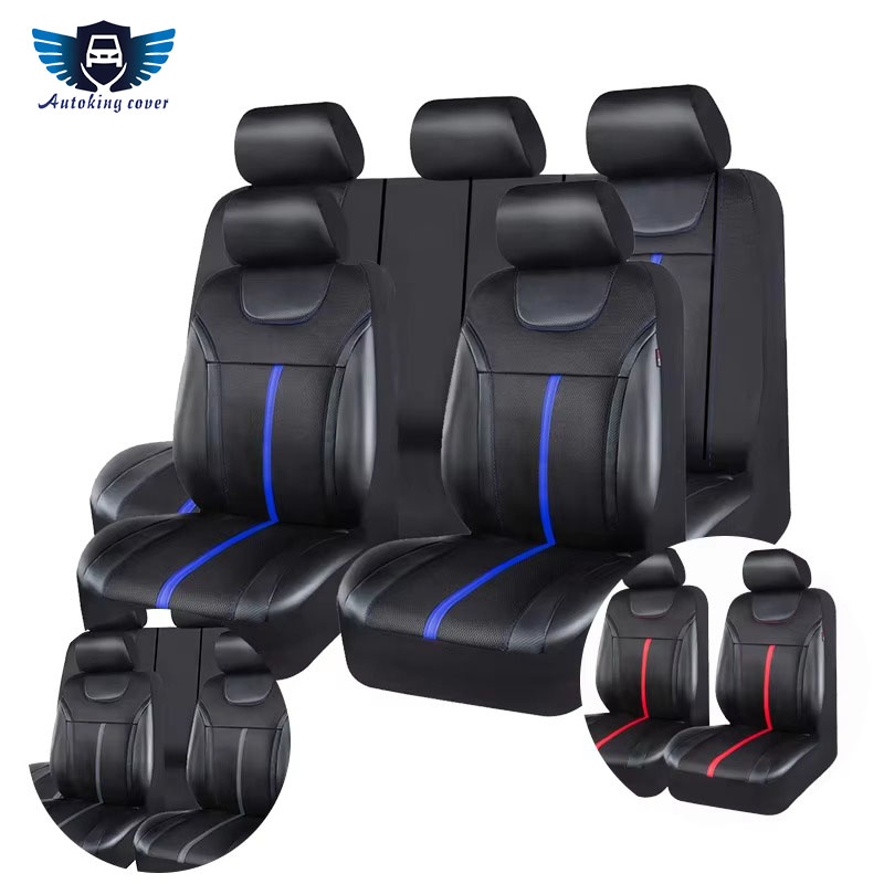 Leather Car Seat Covers Full Set Universal - AUTOKING PUレザーとメッシュ生地のユニバーサルカーシートカバーセット、カーアクセサリー、男女兼用、ほとんどの車、SUV、バン、トラックのシートクッションに適合