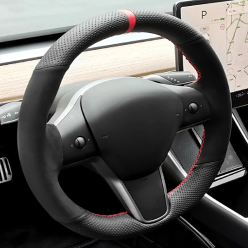 Car Steering Wheel Cover Anti Slip Breathable - 手縫いアンチスリップカーボンファイバースエード編組車のステアリングホイールカバーテスラモデル S Y モデル X モデル