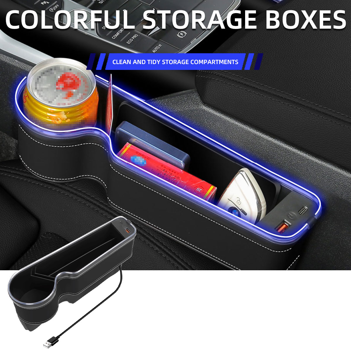 Seat Gap Filler Organizer With Usb Charger - 車用シート隙間収納ボックス、カップホルダー、USB充電器、RGB変色LED付き、車内収納オーガナイザーアクセサリー