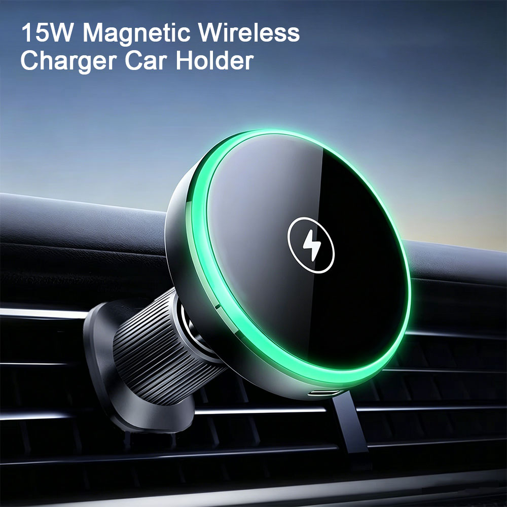 Magnetic Phone Holder For Car Vent - LEDライト付きマグネティックワイヤレスカーチャージャーホルダー、iPhoneを含むすべてのQi対応携帯電話と互換性あり。