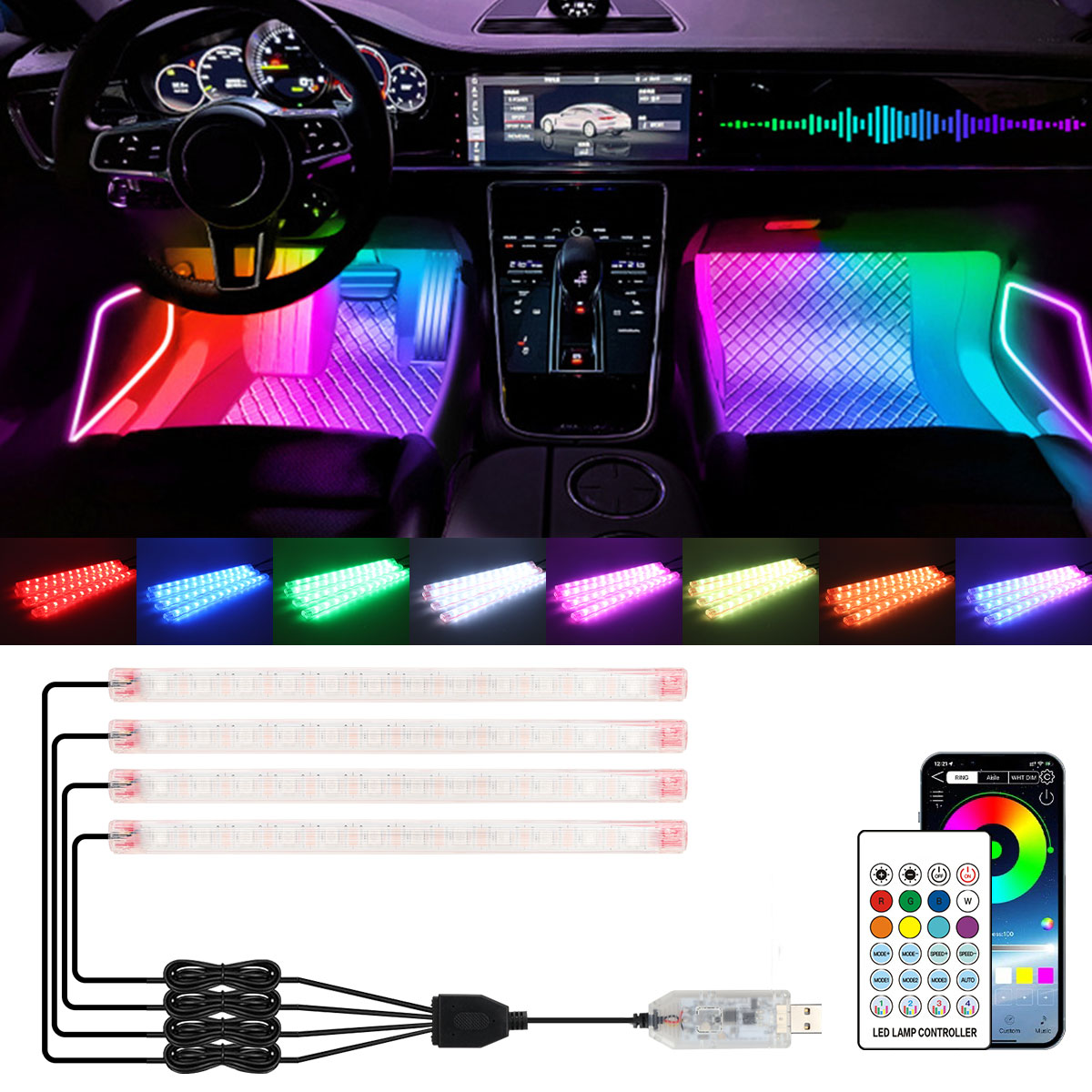 Led Ambient Interior Car Lights App Control - 2/4in1 12/18 LED RGB レインボー雰囲気装飾ランプ ワイヤレスリモコン