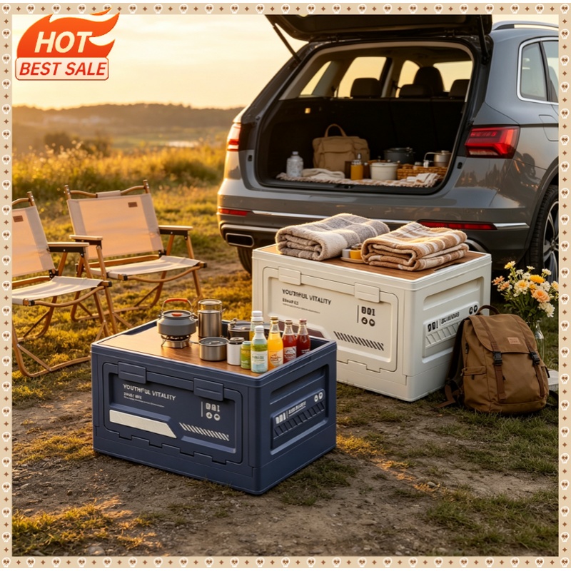Car Trunk Organizer Foldable Storage Box - 屋外収納ボックス キャンプ用折りたたみボックス キャンプオーガナイザー 車のトランク用木製蓋付き 工業用エア収納ボックス 家庭用収納