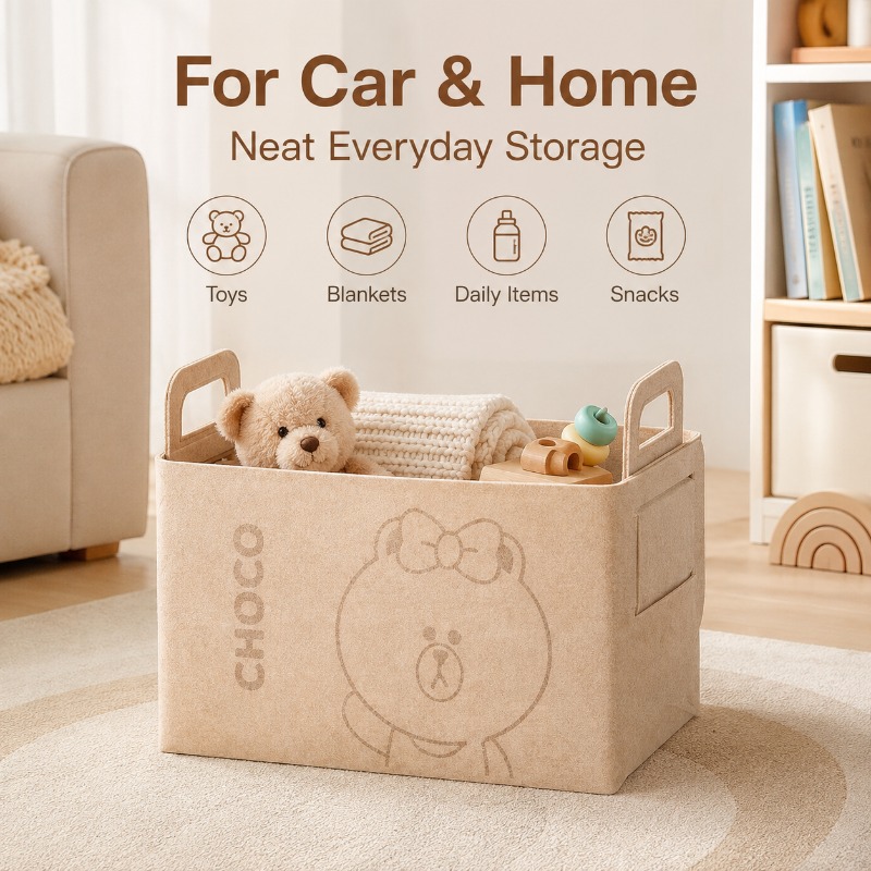 Car Trunk Organizer Foldable Storage Box - 20L大型フェルト製トランクオーガナイザー、かわいいクマの折りたたみ式収納バスケット、持ち手付き、車内スナック、食料品、おもちゃ、家庭用品用
