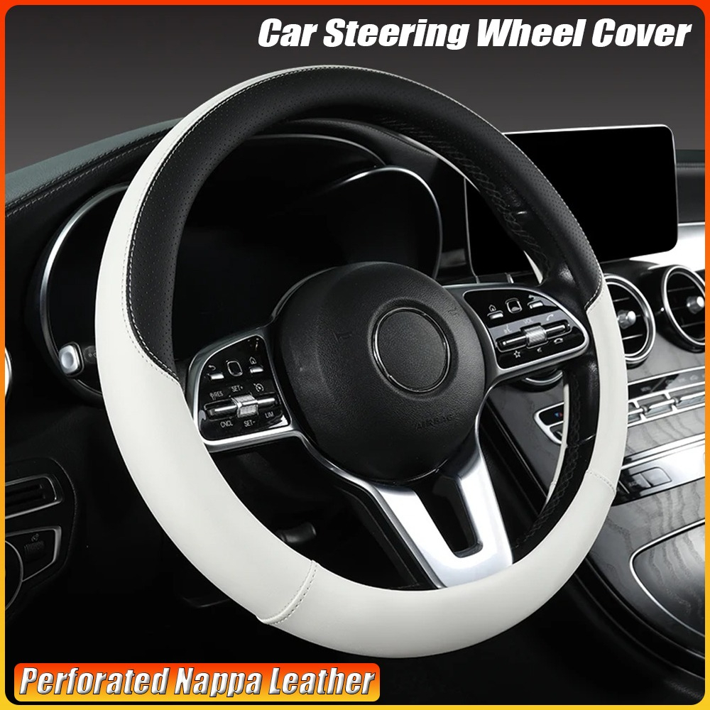 Car Steering Wheel Cover Anti Slip Breathable - 穴あきナッパレザー車のステアリングホイールカバー冬は暖かく、夏は涼しくユニバーサル15インチ滑り止め無臭