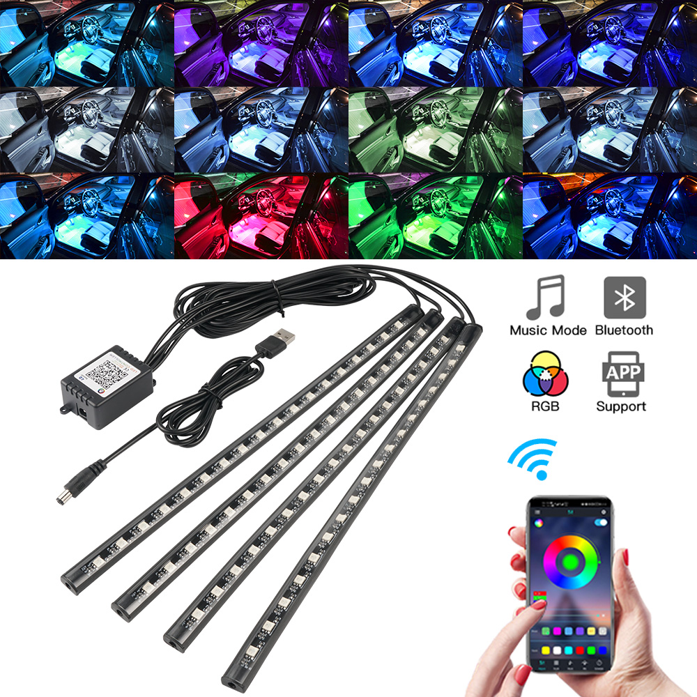 Led Ambient Interior Car Lights App Control - ネオンLED車内ライト APP音楽リモコン RGBアンダーグローLEDアンビエントライト USB/シガーソケットプラグ 車内雰囲気照明 12V