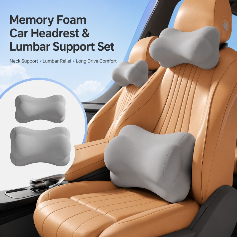 Memory Foam Car Neck Pillow Lumbar Support - メモリーフォーム製カーヘッドレスト枕、ランバーサポートクッション、人間工学に基づいたネックバックサポート、自動車シート、長距離運転の快適性、取り外し可能なカバー