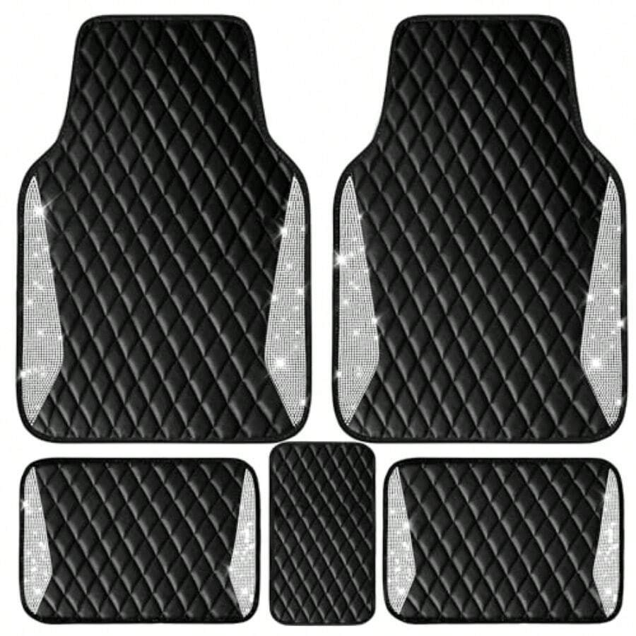 Car Floor Mats Universal Waterproof Leather - レザーカーマット シャイニングダイヤモンドフロアマット クリスタルラインストーン キラキラグリッターカーペット 滑り止め防水パッド ユニバーサルF