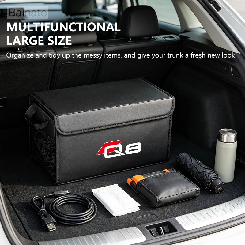 Car Trunk Organizer Foldable Storage Box - 車のトランク収納ボックスアウディ Q8 GET 4mn;4mt 2018-2025 ポータブル折りたたみ式大容量レザーオーガナイザーインテリアアクセサリー