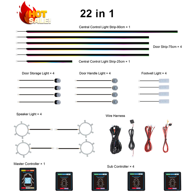 22 in 1 ドリームカラーRGBダイナミックカーインテリ - Led Ambient Interior Car Lights App Control のレビューと価格