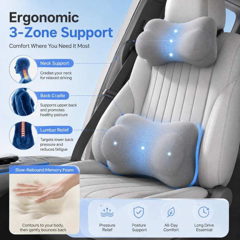 メモリーフォーム製カーヘッドレスト枕、ランバーサポートクッシ - Memory Foam Car Neck Pillow Lumbar Support のレビューと価格